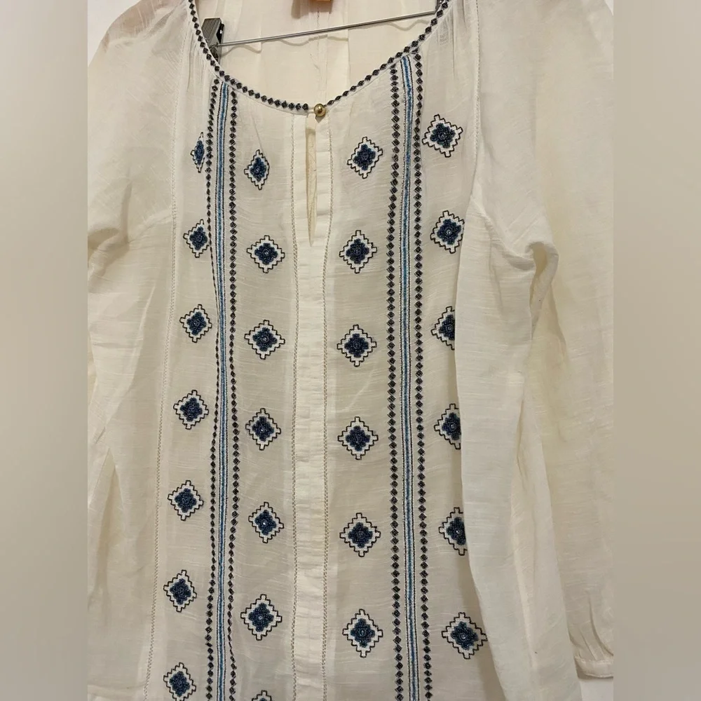 Tory Burch Lucille Top Embroidered Panel Cotton/Linen Blend